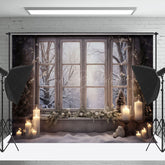 Lofaris Sand Boden Kerze Schneebedeckt Fenster Weihnachten Hintergrund